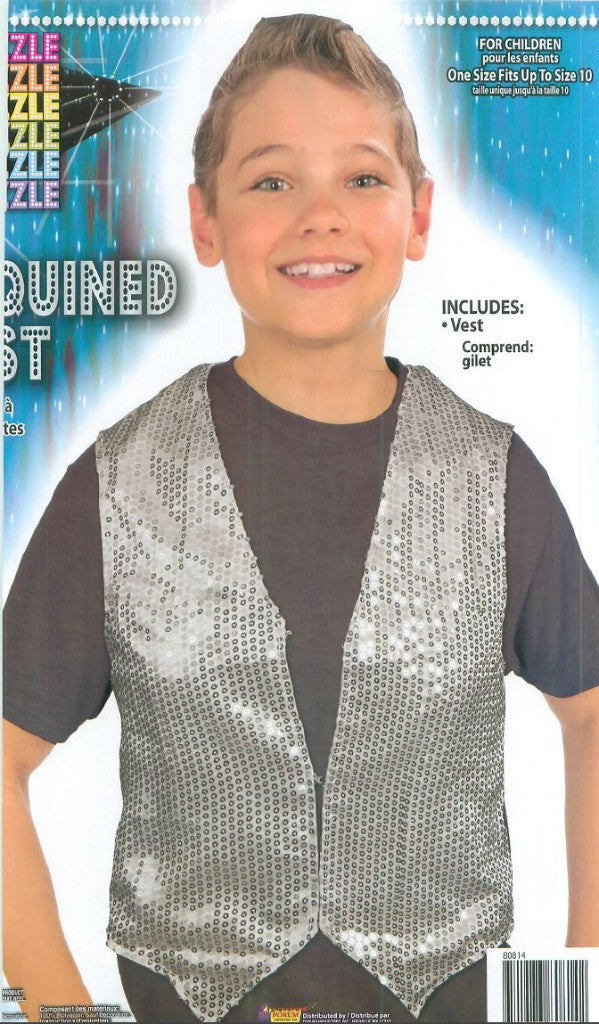 Silver Sequin Vest  Child Dazzle Dapper Accessory 1980s Up to Size 10