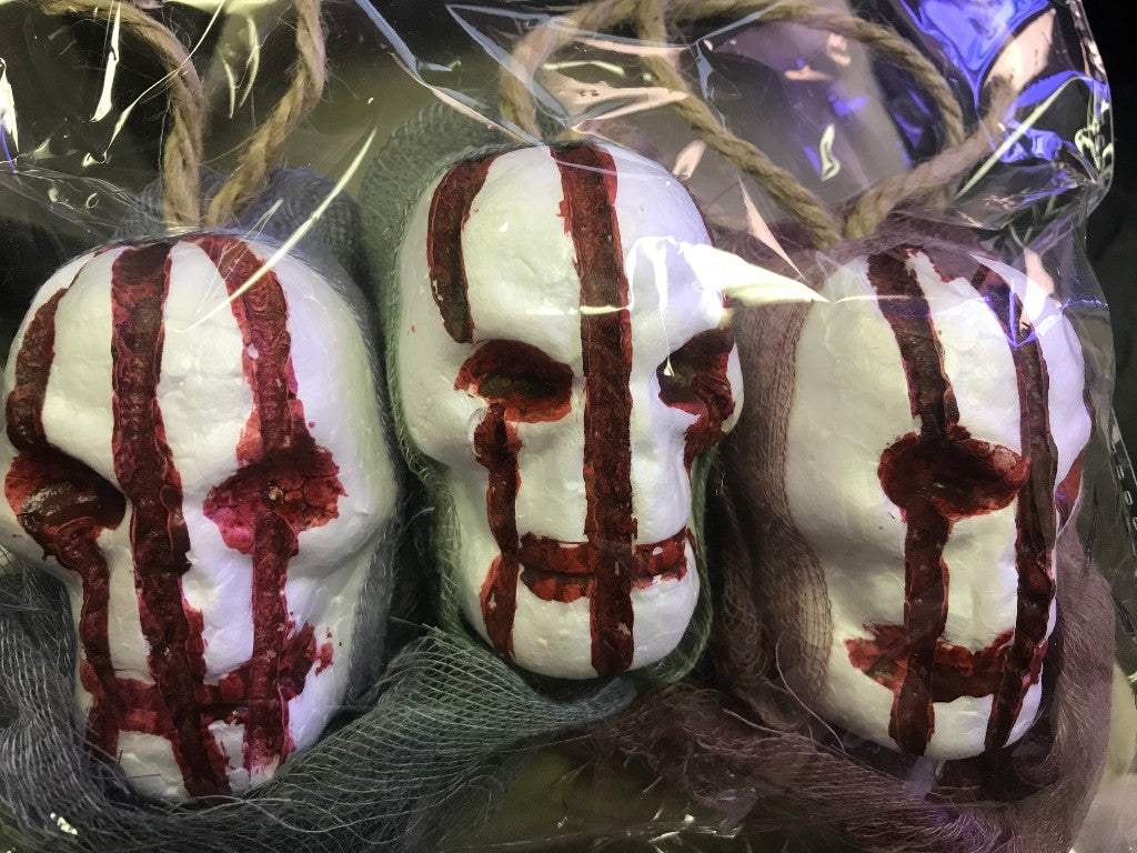3 Bloody Hanging Skulls with Mesh Netting Hoods