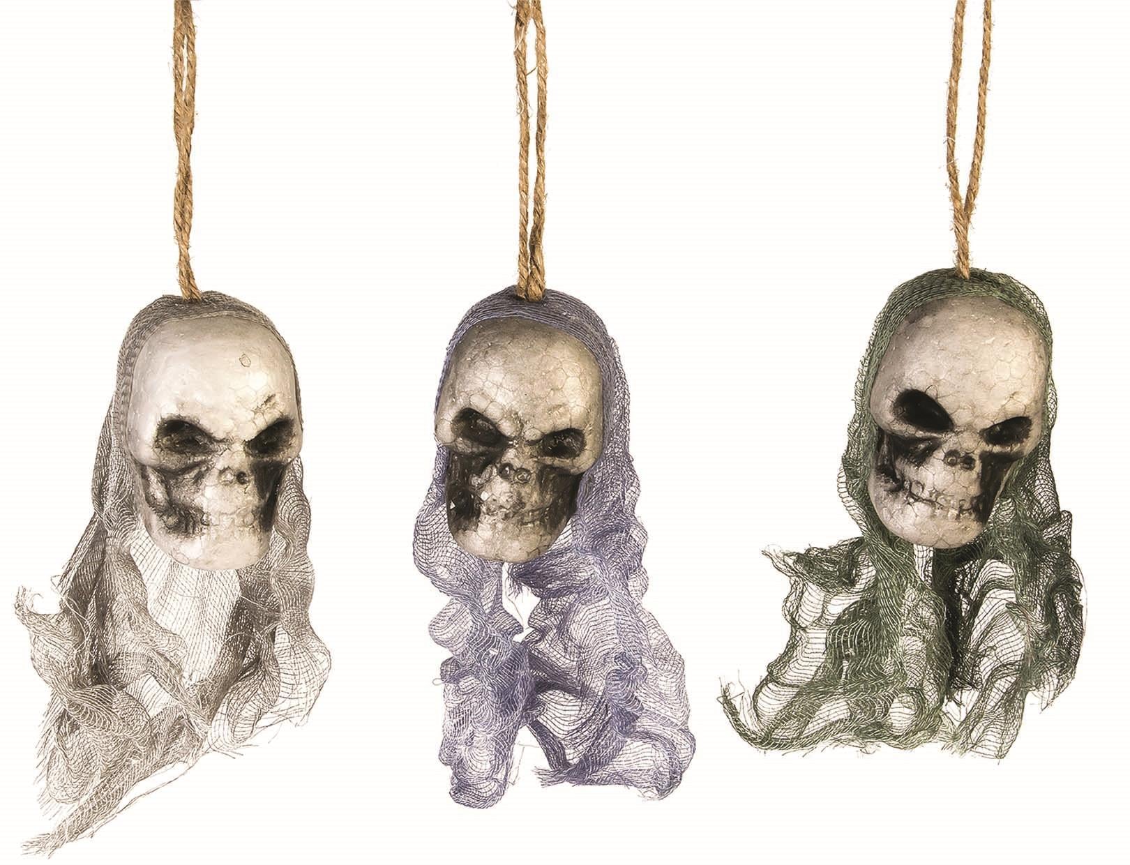 3 Bloody Hanging Skulls with Mesh Netting Hoods