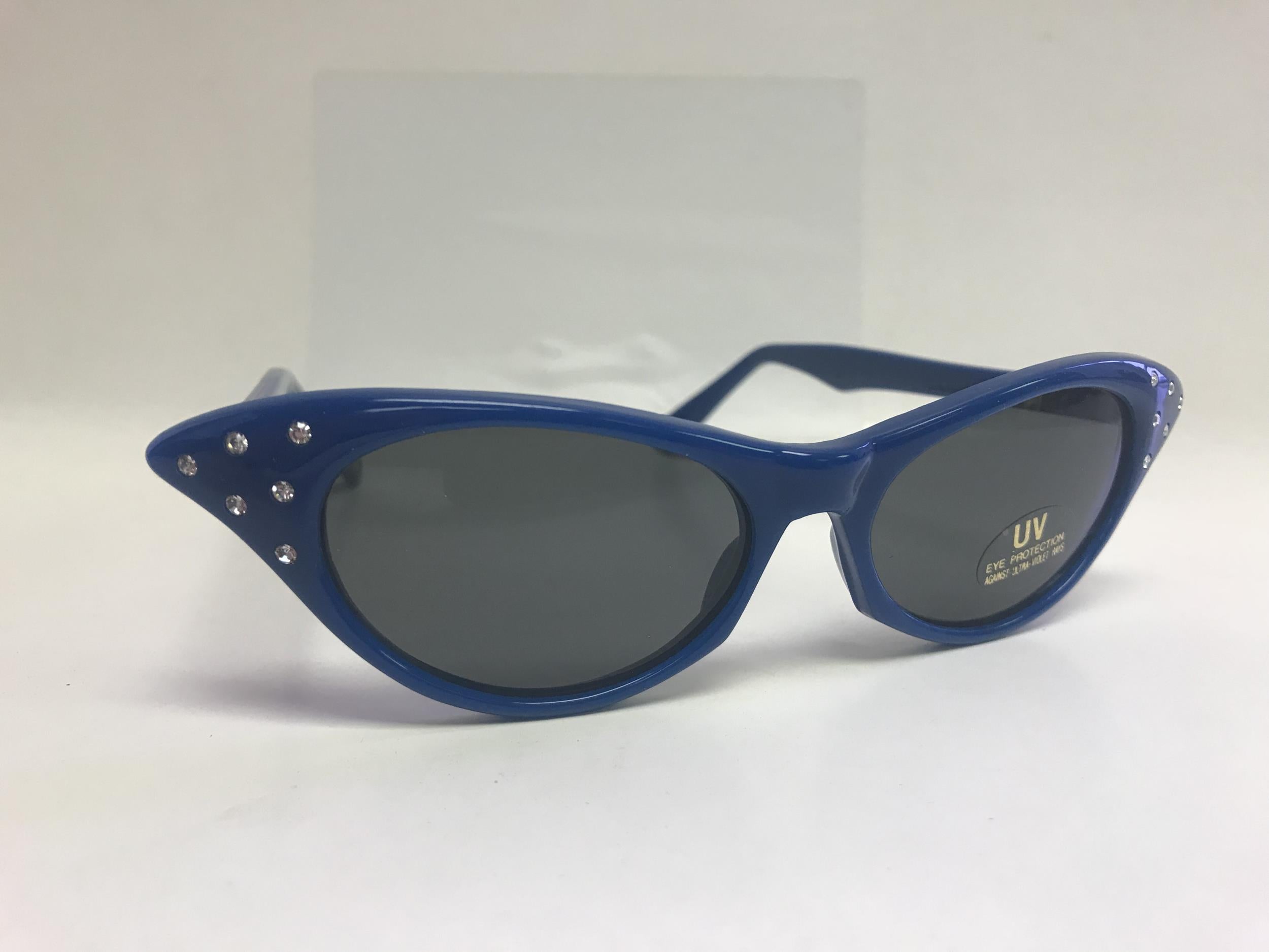 Blue 1950's Cateye Cat Eye Glasses with Rhinestones Dark Lens Sunglasses