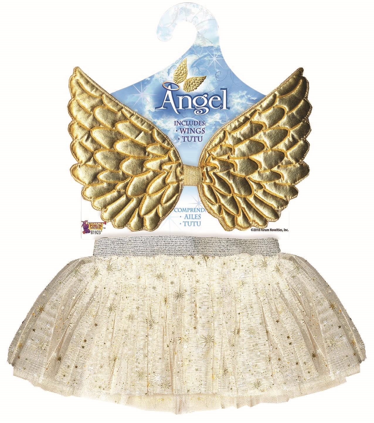 Gold Glitter Angel Wings and Tutu Skirt Child Costume Kit