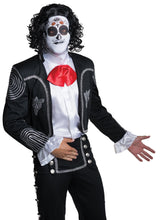 Load image into Gallery viewer, Adult Fabric Men&#39;s Day Of The Dead Male Mask with Attached Black Curly Wig
