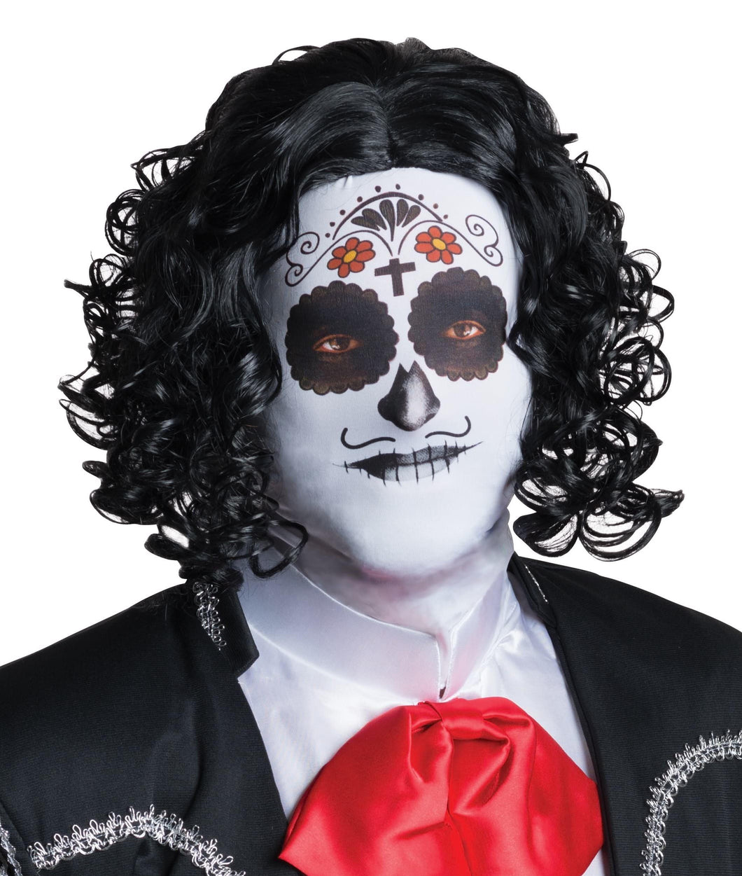 Adult Fabric Men's Day Of The Dead Male Mask with Attached Black Curly Wig