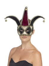 Load image into Gallery viewer, Gothic Venetian Burgundy and Black Harlequin Jester Mask
