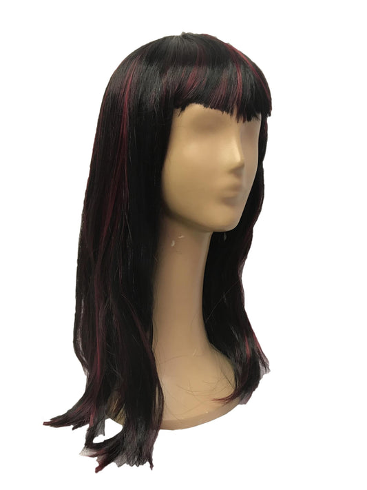 Black and Burgundy Hot Streak Vampire Dominatrix Long Sleek Wig with Bangs