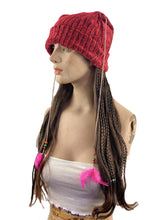 Load image into Gallery viewer, Women&#39;s Knit Beanie Cap with Attached Hair Mixed Braids with Beads and Feathers
