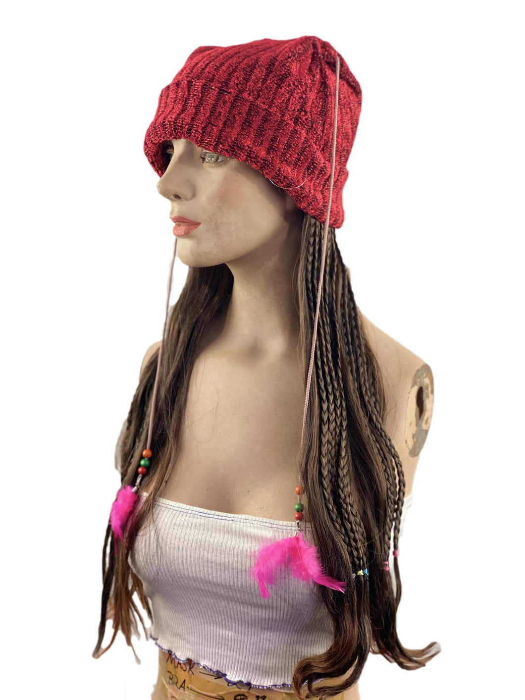 Women's Knit Beanie Cap with Attached Hair Mixed Braids with Beads and Feathers