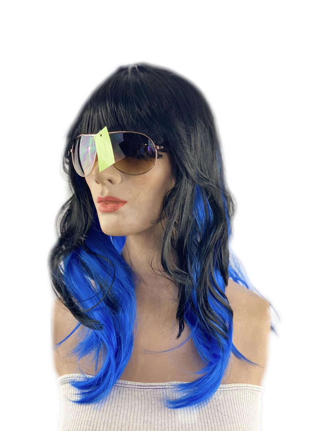 Two Toned Black with Blue Streak Chunks Underneath Sexy Vamp Women's Costume Wig