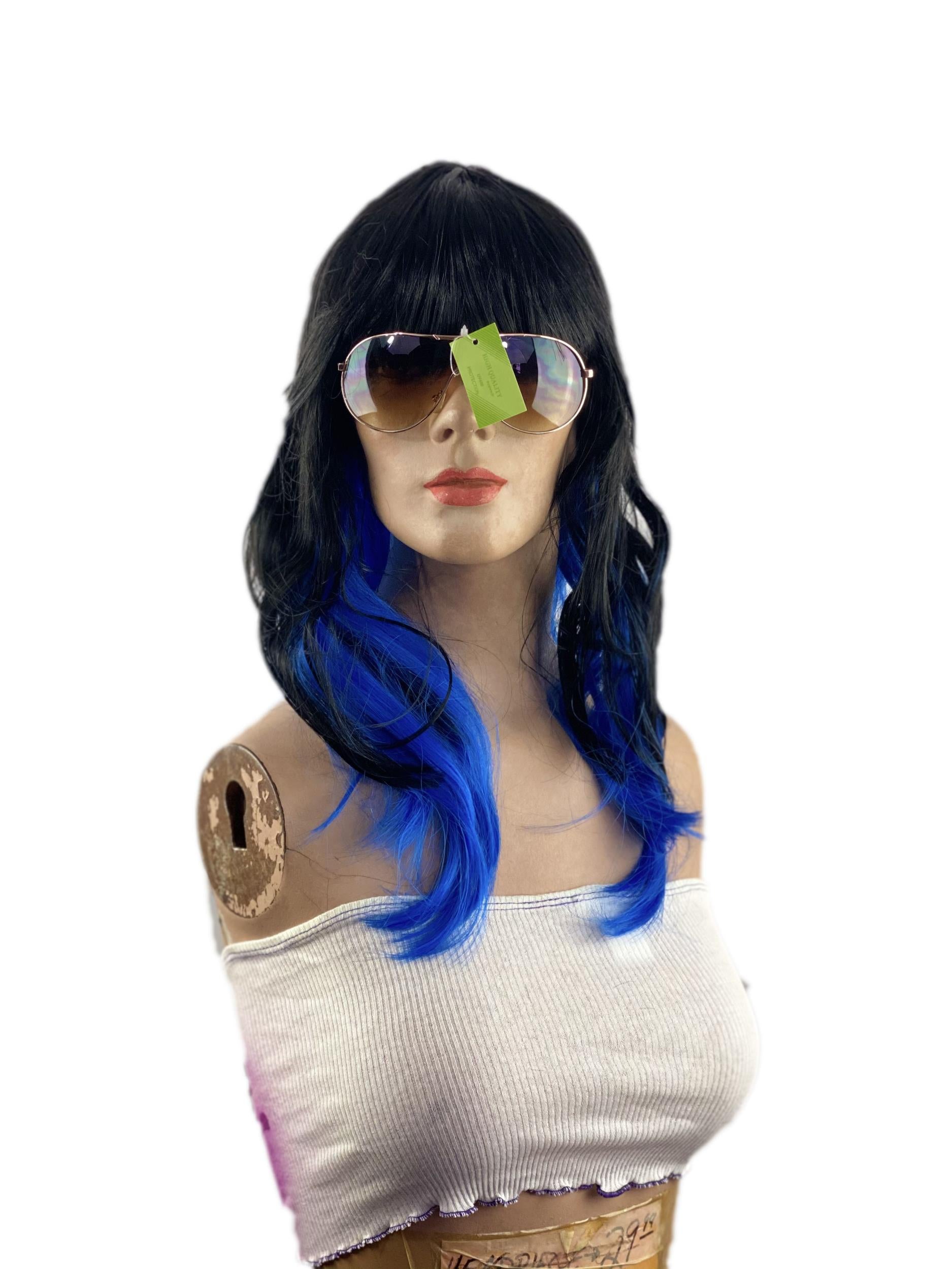 Two Toned Black with Blue Streak Chunks Underneath Sexy Vamp Women's Costume Wig