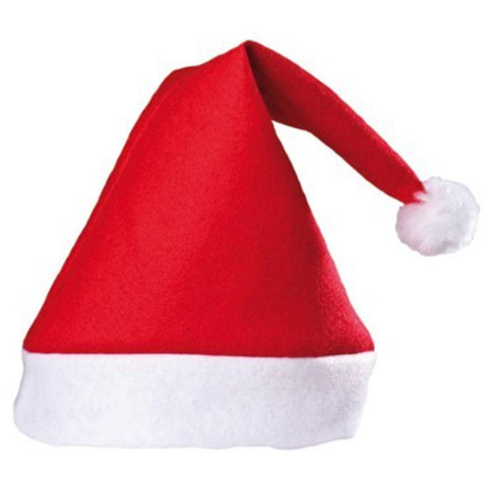 A red felt Santa Claus hat with a white trim and a pom-pom on the top.