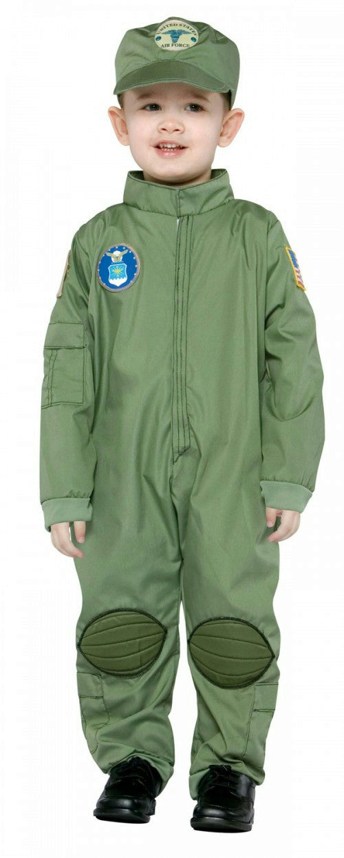 Toddler in a green military pilot uniform costume with a matching hat, designed for children size 2-4T.