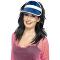 A person wearing a blue and white striped plastic visor on their head.