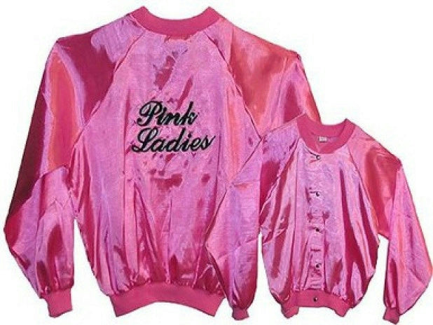 A pink satin jacket with 'Pink Ladies' text on the back, displayed in two different views, one showing the front and the other showing the back.