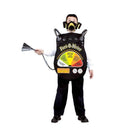 Child wearing a Fart-O-Meter costume with a meter box, hand hose, and gas mask.