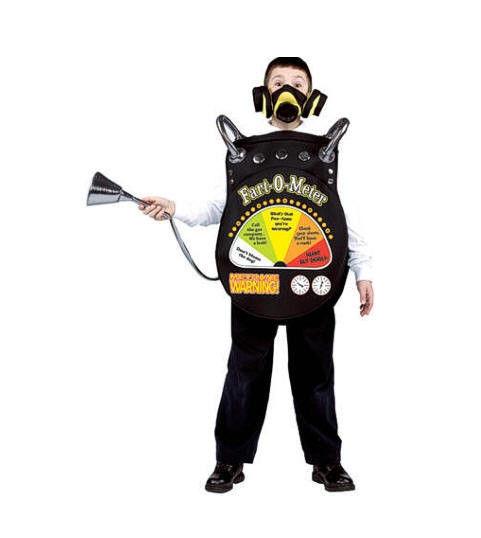 Child wearing a Fart-O-Meter costume with a meter box, hand hose, and gas mask.