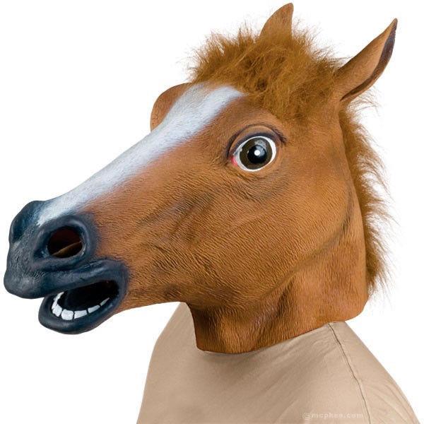 A person wearing a latex horse mask with hair, resembling a horse with a human-like face.