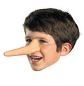 A child wearing a long, flexible, Pinocchio-style nose costume accessory attached to an elastic string.