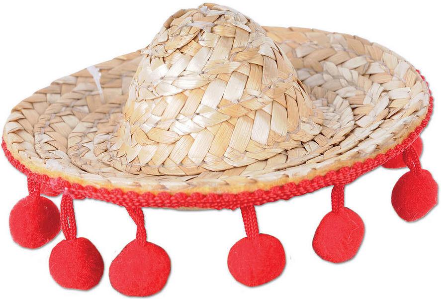 A mini straw sombrero hair clip costume accessory with a red band and red pom-pom details.