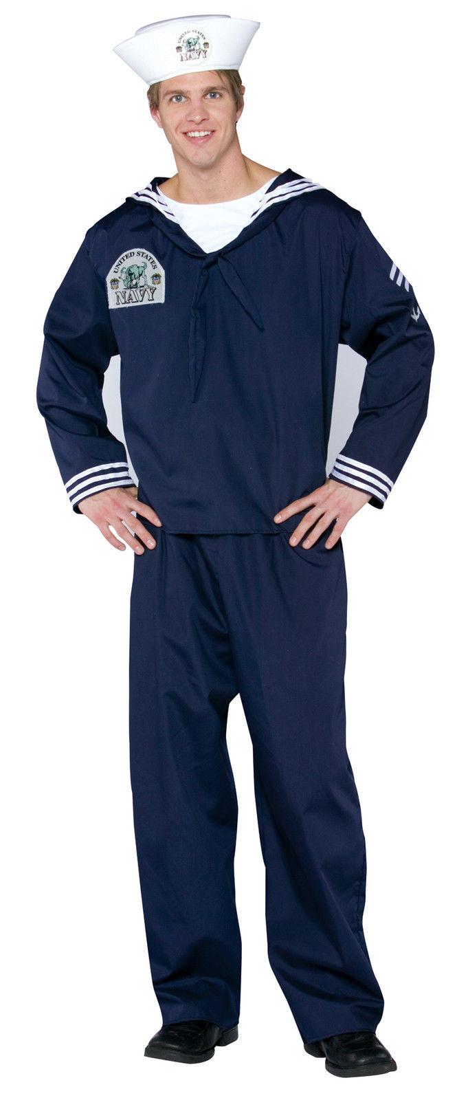 A person wearing a navy blue sailor uniform costume, including a hat and pants, standing against a white background.