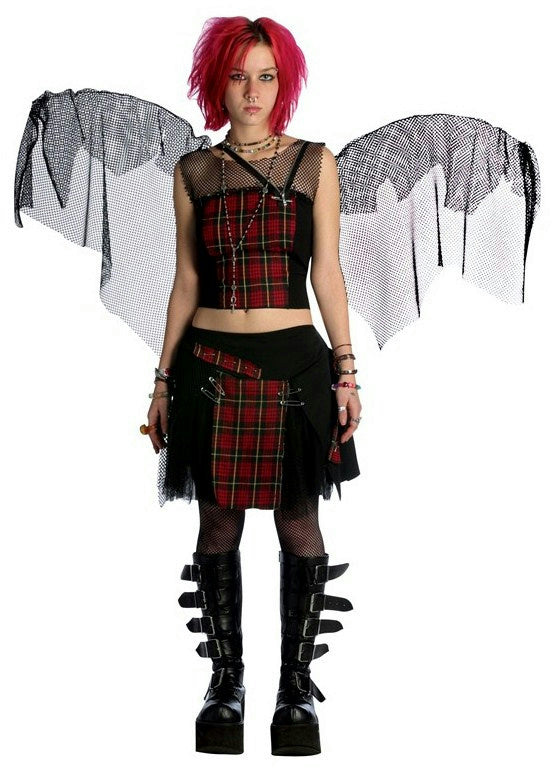 Punk Fairy Adult Costume with wings and plaid top and skirt