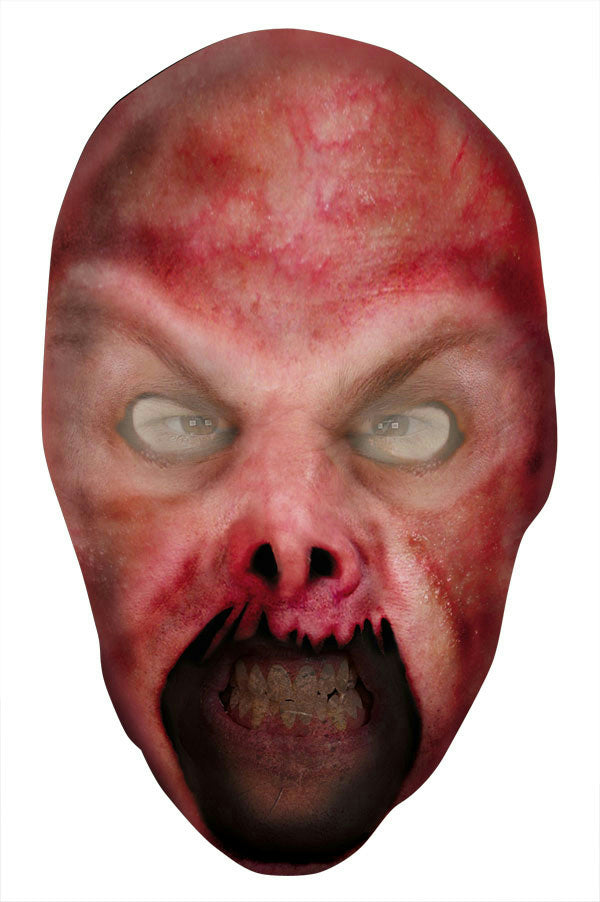 A full stocking mask designed to resemble a fire demon ghoul, with red and black coloration and a fierce expression.