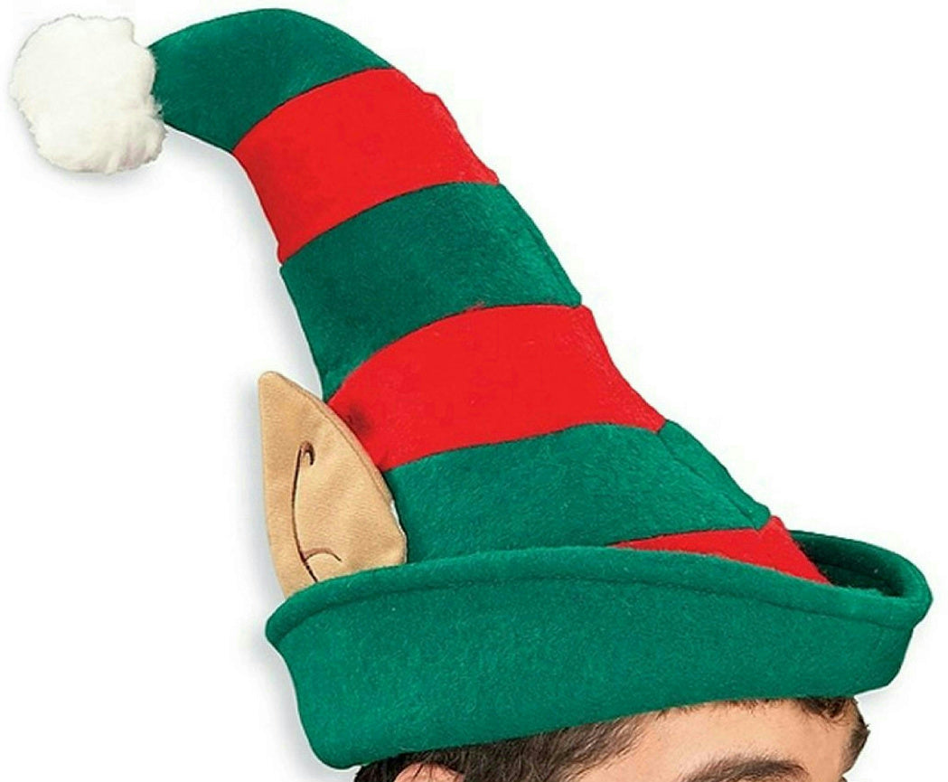 Red and Green Striped Christmas Elf Hat with Ears and white Pom Pom